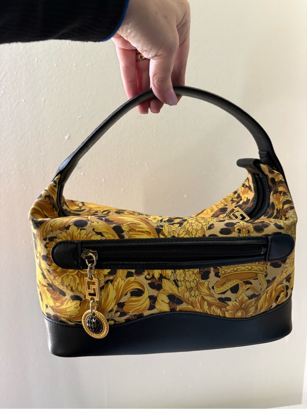 Versace Sunburst Baroque-Print Shoulder Bag with Black Trim